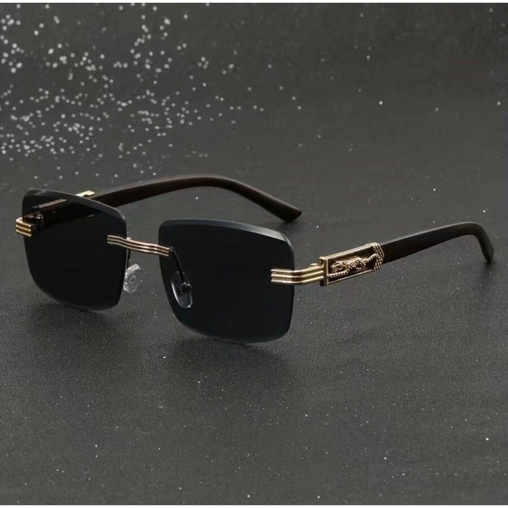 New Wooden Pattern Leopard Head Artificial Diamond Cut Edge Sunglasses Retro
